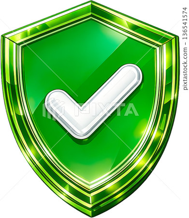 玻璃變形風格的 3D 盾牌圖示（勾號） 表示認可、成功、安全、保護 透明 136541574