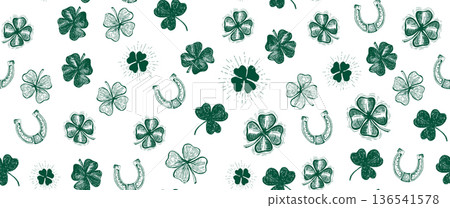Clover and horseshoe pattern on white. Patricks Day. Hand drawn illustrations	 136541578