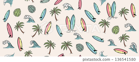 Hello Summer, pattern with surfboard, palm tree and wave, hand drawn illustration. Hello Summer, pattern with surfboard, palm tree and wave, hand drawn illustration. 136541580