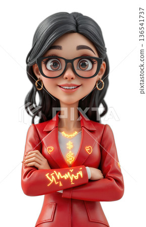 A resilient female leader in a red jacket, surrounded by glowing financial symbols and digital market trends, representing her ability 136541737