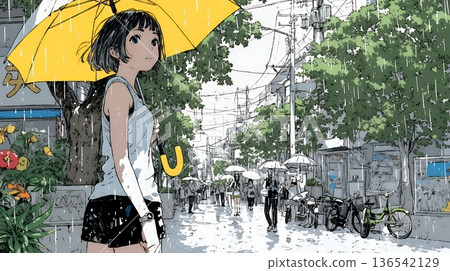 雨天撐傘行走的年輕女子 136542129