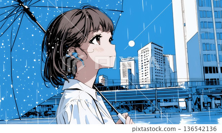 Young woman walking with an umbrella on a rainy day 136542136