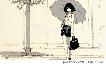 下雨天，一位年輕女子撐著傘行走（色彩簡潔） 136542161