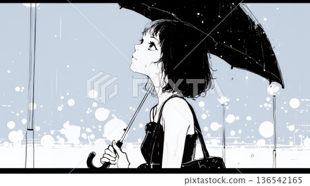 下雨天，一位年輕女子撐著傘行走（色彩簡潔） 136542165