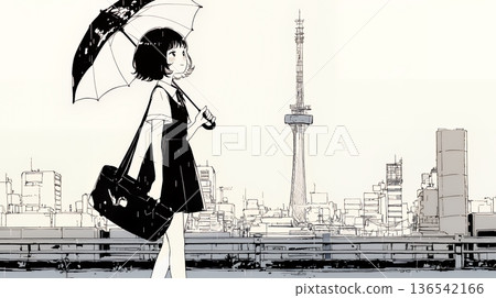 下雨天，一位年輕女子撐著傘行走（色彩簡潔） 136542166