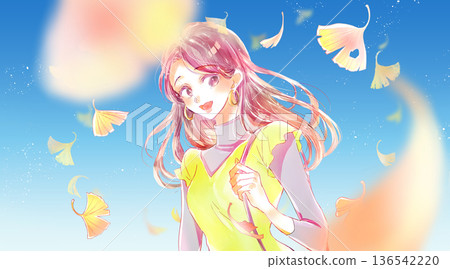 Woman going out Autumn Ginkgo Blue Sky Woman going out Autumn Ginkgo Blue Sky 136542220