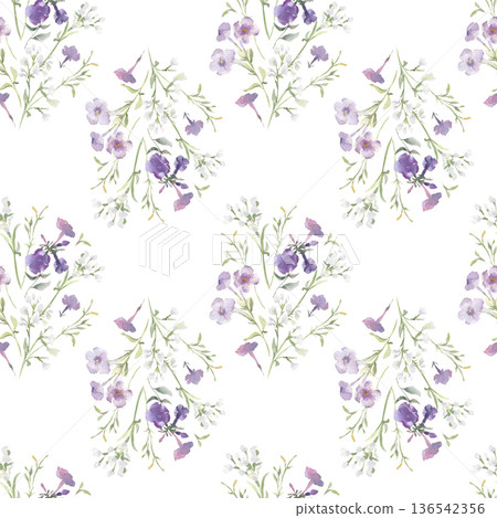 Watercolor pattern of wildflowers and meadow grasses neutral colors isolated white. Seamless background with soft purple and white flora for fabric, packaging, wallpaper. Print for wedding invitation. 136542356