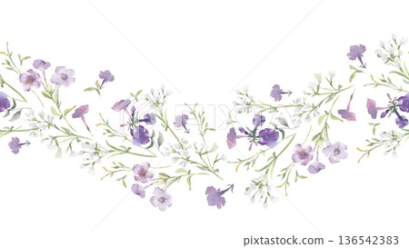 Watercolor seamless border of purple and white wildflowers isolated on white. Botanical floral wavy repeat design for wedding invitation, greeting card. Lilac phlox flowers and herbs hand drawn print. Watercolor seamless border of purple and white wildflowers isolated on white. Botanical floral wavy repeat design for wedding invitation, greeting card. Lilac phlox flowers and herbs hand drawn print. 136542383