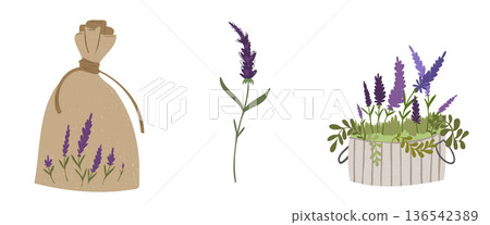 Lavender spa composition with burlap bag, dried flowers and rustic herbal arrangement 136542389