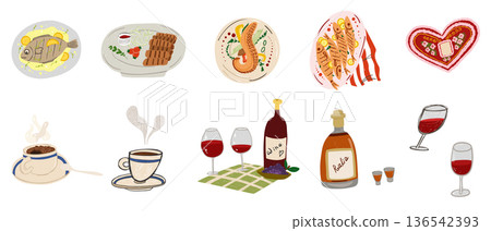 Croatian traditional food and drinks set with wine, espresso, rakia and Mediterranean cuisine Croatian traditional food and drinks set with wine, espresso, rakia and Mediterranean cuisine 136542393