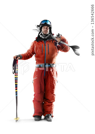 Skiing sport. Skier in full gear. Front view. Success. Sportsman in a red ski suit. Isolated 136542666