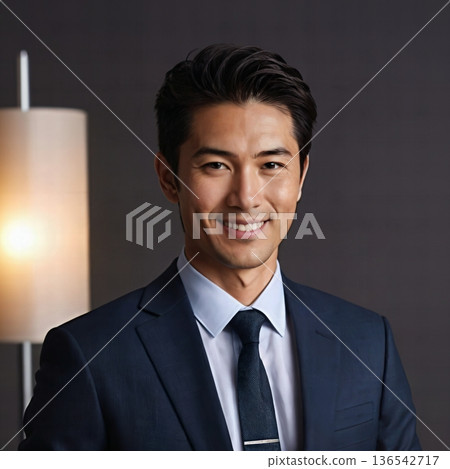 一位自信的日本商人穿著西裝,帶著友善的微笑,背景是灰色。 一位自信的日本商人穿著西裝,帶著友善的微笑,背景是灰色。 136542717