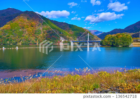 從神奈川縣山北町的三保水壩步道上看到的秋景（永生橋、權現山等） 136542718