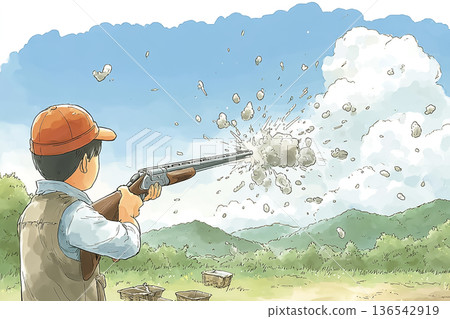 Clay target being shattered in mid-air 136542919