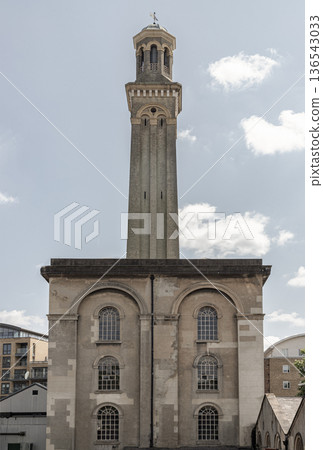 The most prominent feature in this image is the Standpipe Tower of the London Museum of Water and Steam; the tall building housing the 90-inch and 100-inch beam engines is visible behind it, and the 136543033