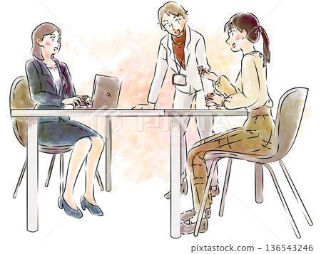 Watercolor illustration of a business meeting scene with female employees 136543246