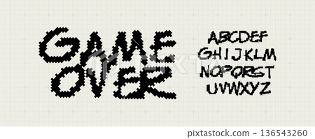 Game Over Font Logo Alphabet Y2K Pixel Letter Set Modern Typography, Arcade Typographic Design for Title Text, Gaming Typo Headline, Old Computer Type Symbol Logotype, Games Fonts. Vector Typeface Game Over Font Logo Alphabet Y2K Pixel Letter Set Modern Typography, Arcade Typographic Design for Title Text, Gaming Typo Headline, Old Computer Type Symbol Logotype, Games Fonts. Vector Typeface 136543260