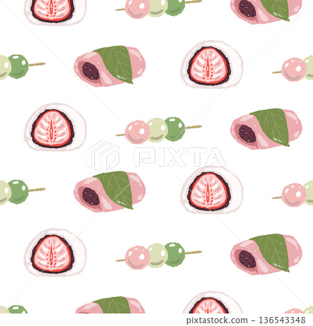 Seamless pattern background of spring-colored Japanese sweets such as sakura mochi and strawberry daifuku 136543348