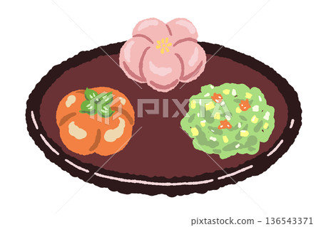 Colorful nerikiri (freshly made confectionery) arranged on a plate 136543371