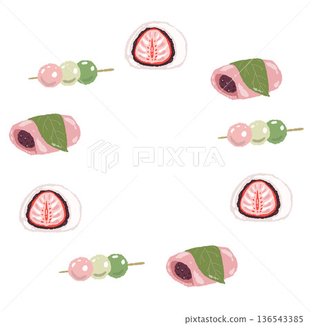 由櫻花麻糬、草莓大福等日式春季甜點串成的圓形花環。 由櫻花麻糬、草莓大福等日式春季甜點串成的圓形花環。 136543385