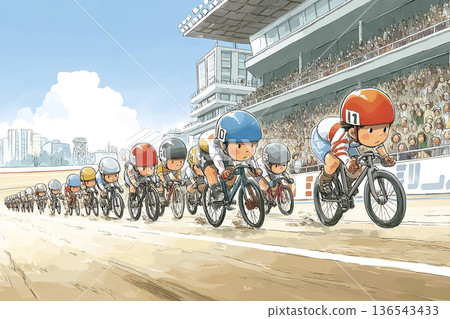 A long line of cyclists racing in front of a large crowd 136543433
