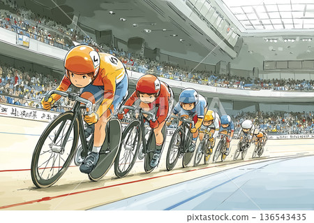 A heated race between keirin racers competing on curves 136543435