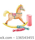 An orange rocking horse with a yellow mane and saddle on a wooden rocking chair, skittles lying nearby and a cylinder block. Watercolor illustration of children's toys composition isolated on white 136543455