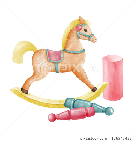 An orange rocking horse with a yellow mane and saddle on a wooden rocking chair, skittles lying nearby and a cylinder block. Watercolor illustration of children's toys composition isolated on white An orange rocking horse with a yellow mane and saddle on a wooden rocking chair, skittles lying nearby and a cylinder block. Watercolor illustration of children's toys composition isolated on white 136543455