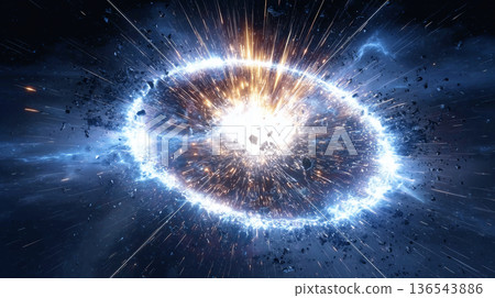 一張精彩的科幻背景圖，描繪了一場高能量爆炸和一個光環。 136543886