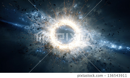 一張精彩的科幻背景圖，描繪了一場高能量爆炸和一個光環。 136543911