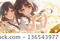 An anime illustration of two cute girls drawing hearts and increasing fortune. A bright investment image with flying coins. 136543977