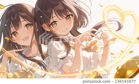 An anime illustration of two cute girls drawing hearts and increasing fortune. A bright investment image with flying coins. 136543977