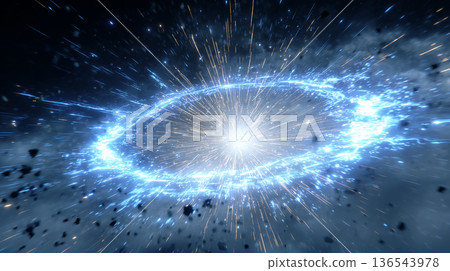 A fantastic sci-fi background material with a ring of light shining in outer space and stardust spreading 136543978