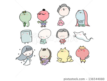 Hand-drawn cute Japanese monster character set Hand-drawn cute Japanese monster character set 136544080