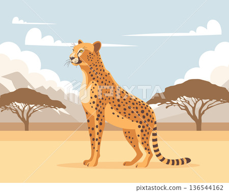 Cheetah in african savanna landscape. Illustration of predator animal. 136544162