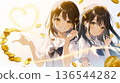 Illustration of two cute anime girls with golden coins and heart lights dancing to increase your luck and investment 136544282