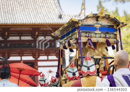 Procession of the Shomu Festival heading to the Great Buddha Hall of Todaiji Temple in Nara 136544303