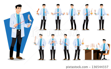 Male orthopedist doctor character set holding anatomy bone models. Flat design vector for orthopedic specialty, medical consultation, bone health education, and clinical services. Male orthopedist doctor character set holding anatomy bone models. Flat design vector for orthopedic specialty, medical consultation, bone health education, and clinical services. 136544337
