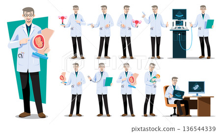 Professional male obstetrician and gynecologist character set. Flat vector illustration includes pregnancy care, newborn baby, and ultrasound poses. Ideal for maternity and reproductive health design. Professional male obstetrician and gynecologist character set. Flat vector illustration includes pregnancy care, newborn baby, and ultrasound poses. Ideal for maternity and reproductive health design. 136544339