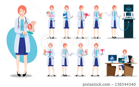 Professional female obstetrician and gynecologist character set. Flat vector illustration includes pregnancy care, newborn baby, and ultrasound poses. Ideal for maternal health, gynecology, and femini 136544340