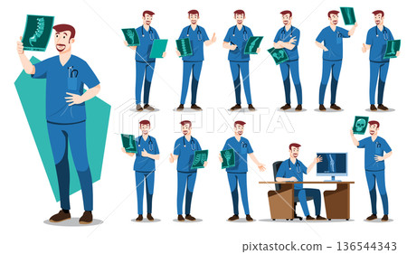 Male orthopedist surgeon doctor in blue scrubs character set. Features various bone X-rays including skull and spine. Ideal for orthopedic clinic, surgery, and radiology department design. 136544343