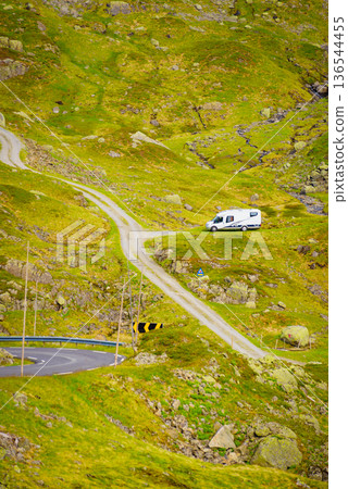 Camper car in norwegian mountains 136544455