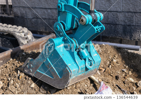 A bucket, which is the tip of a backhoe, a construction machine A bucket, which is the tip of a backhoe, a construction machine 136544639