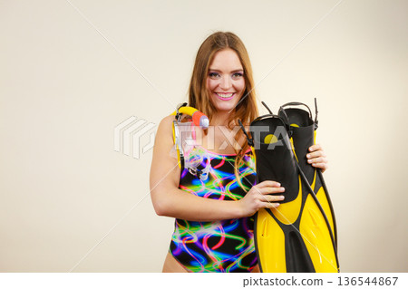 Woman with flippers and snorkeling mask having fun Woman with flippers and snorkeling mask having fun 136544867