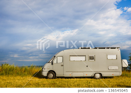 Caravan camping on nature. Summer trip. Caravan camping on nature. Summer trip. 136545045