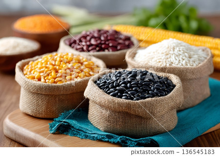 Various grains and legumes in burlap sacks on wooden board 136545183