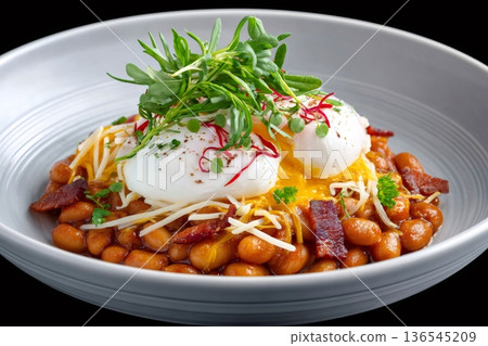Baked beans with poached eggs, bacon, and microgreens 136545209