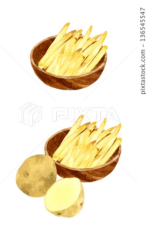 一份盛在木碗裡的炸薯條。手繪水彩食物插畫。 136545547