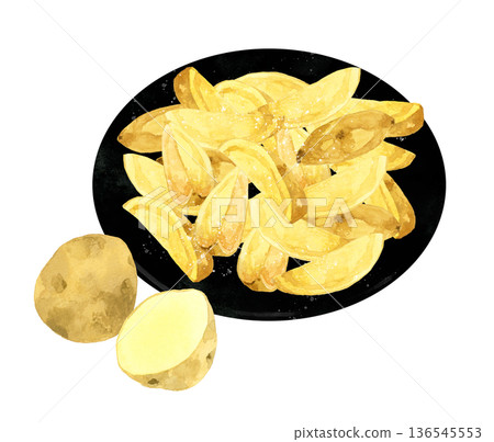 Natural cut skin-on french fries served on a black plate. Hand-drawn watercolor illustration of cuisine and food. Natural cut skin-on french fries served on a black plate. Hand-drawn watercolor illustration of cuisine and food. 136545553