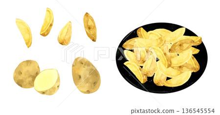 一套帶皮的天然切薯條。手繪水彩插圖，描繪了烹飪和食物的場景。 136545554